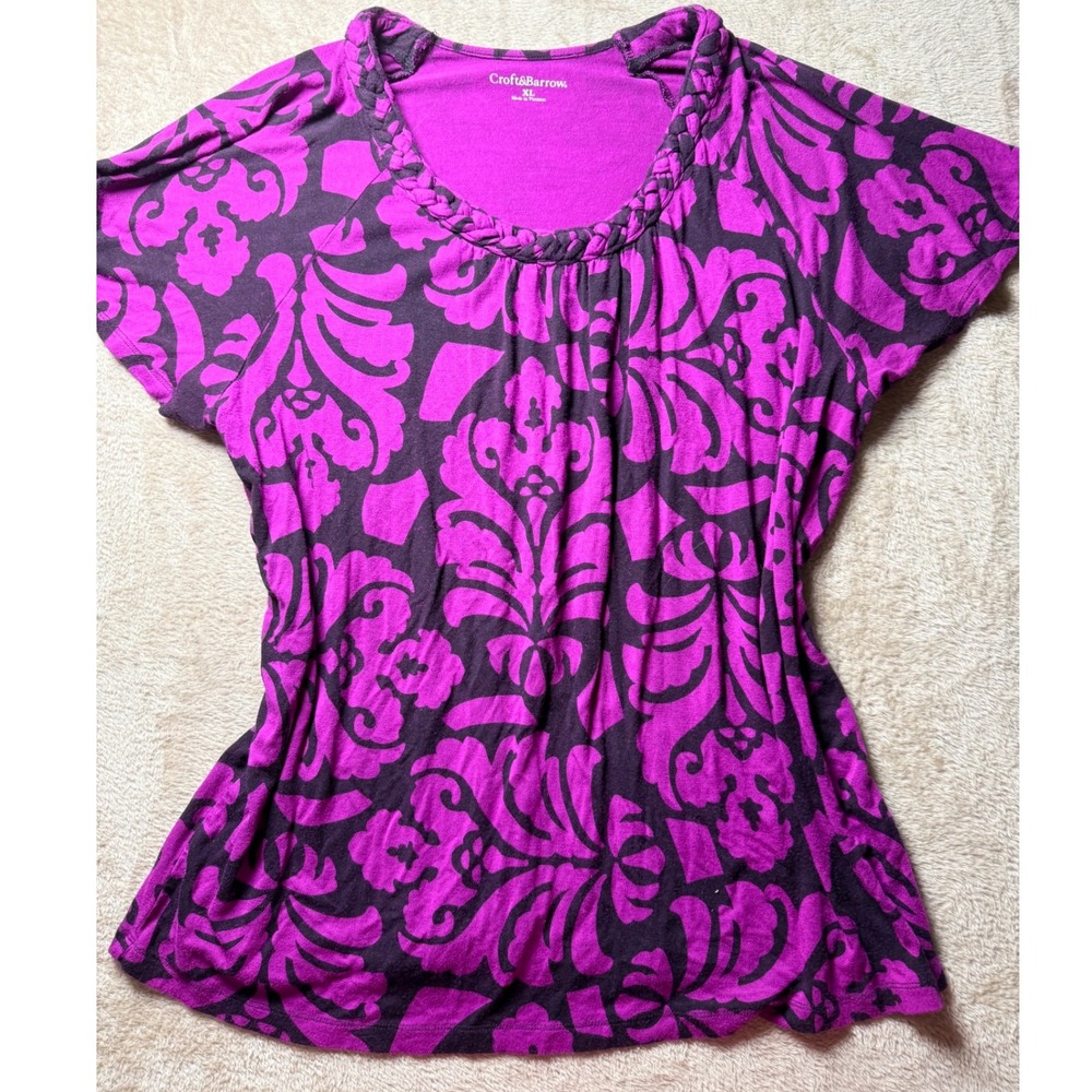 Croft & Barrow Damask Braided Neck Short Sleeve Top Blouse XL Everyday Summer